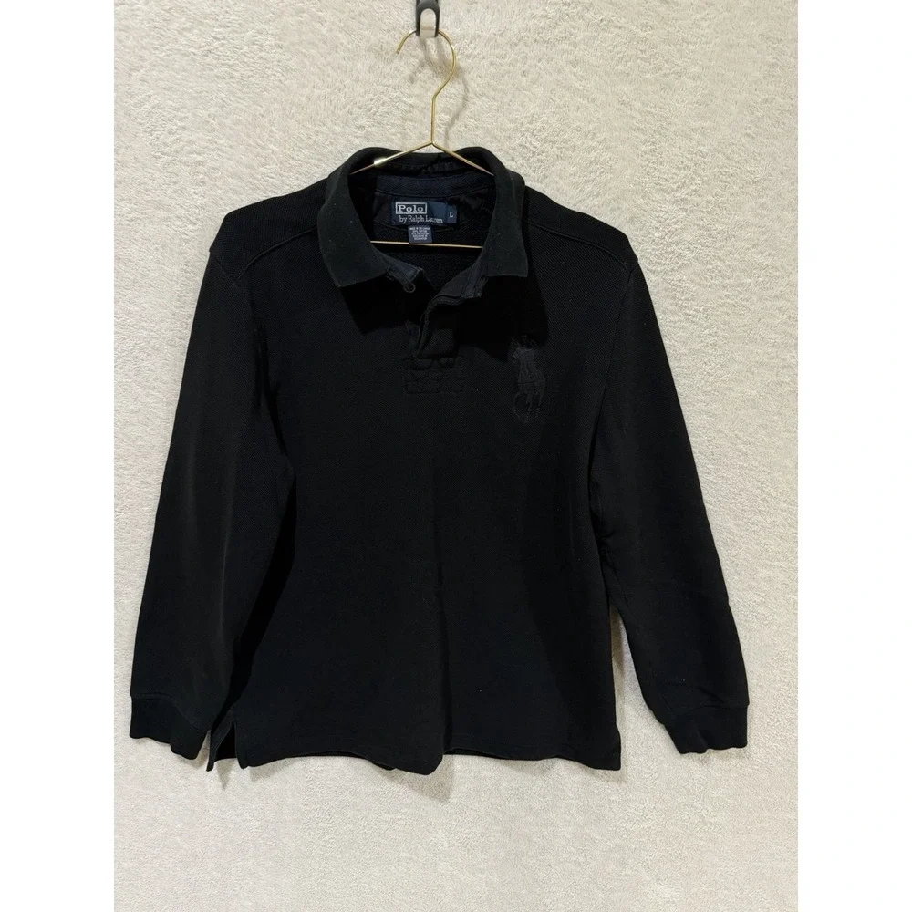 Polo Ralph Lauren Men Large Long Sleeve Polo Shirt Cotton Big Pony Black